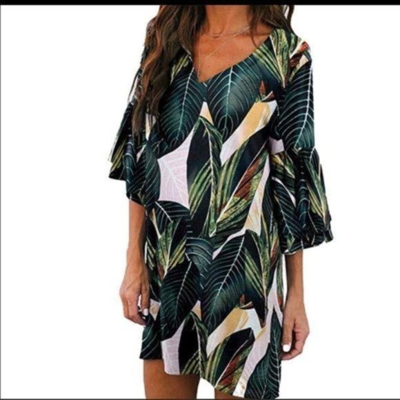 Belongsci Bell Sleeve Palm Leaf Print Shift Dress - Picture 2 of 8